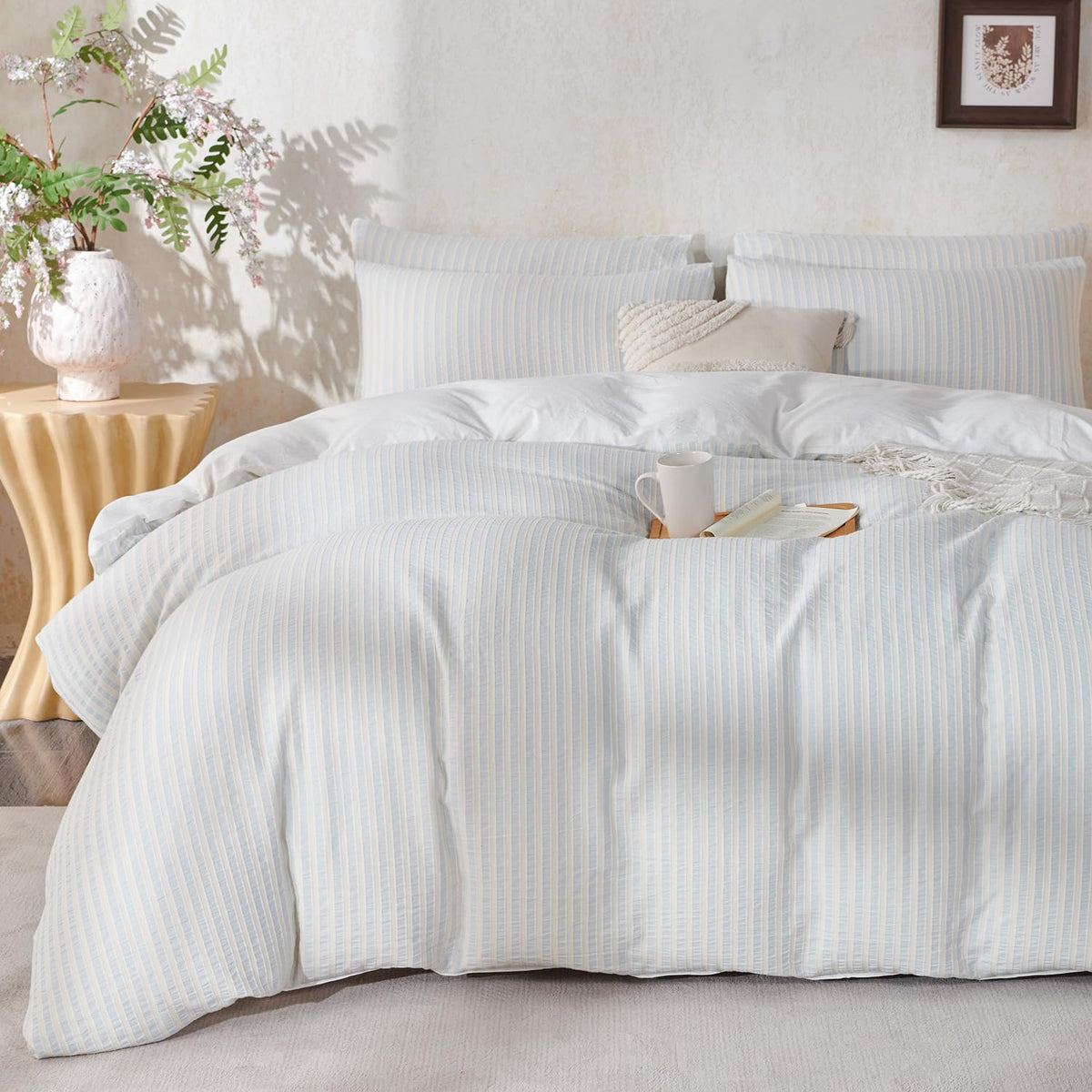 King Size Duvet Cover Set Floral Luxury Soft Brushed Microfiber Crinkle Gauze Fabric 3 Pieces Bedding Set Flower Pattern Duvet Cover King with Zipper Closure Breathable Comfy