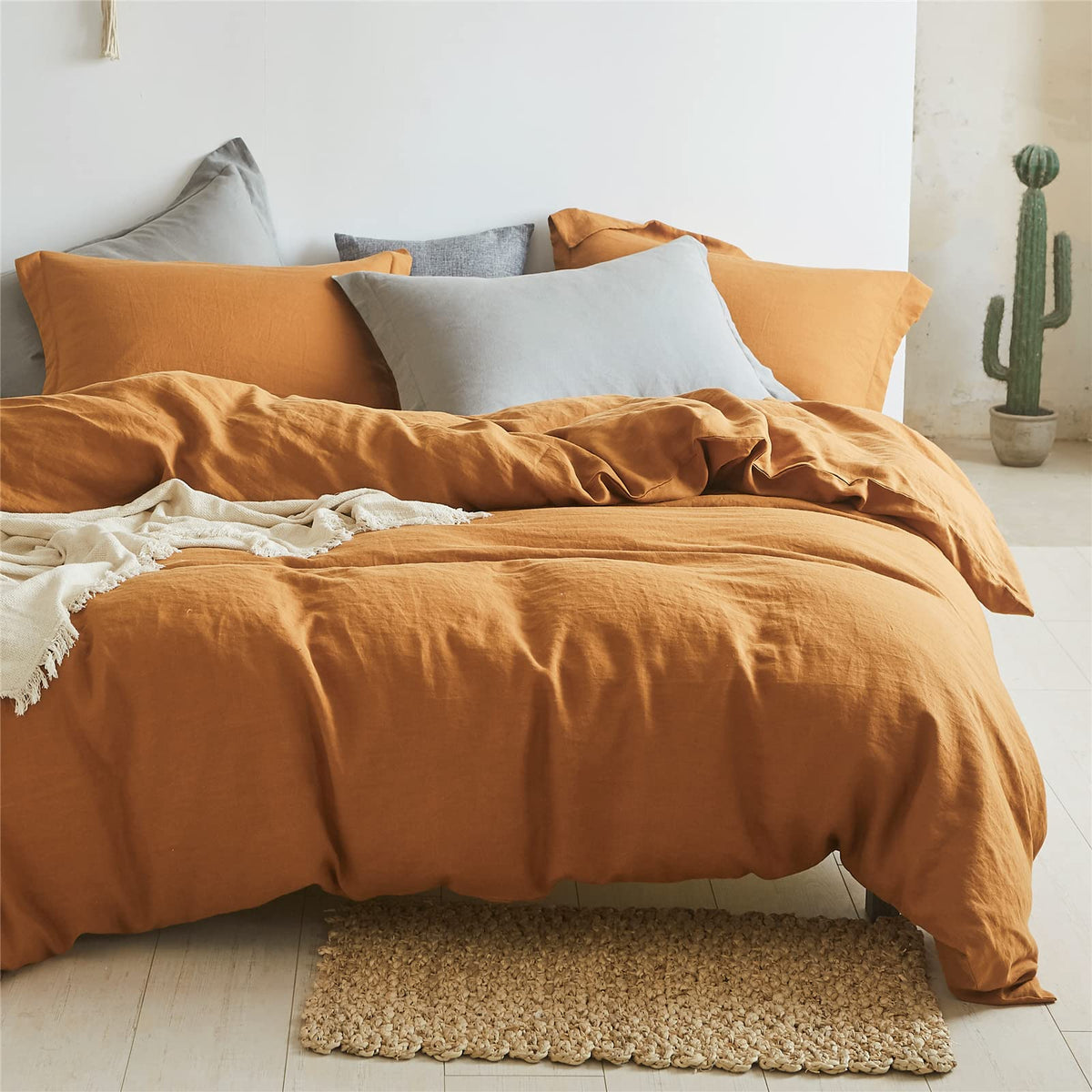 Simple&Opulence 100% Linen Duvet Cover Set 3pcs Basic Style Natural French Washed Flax Solid Color Soft Breathable Farmhouse Bedding with Button Closure - Linen, King