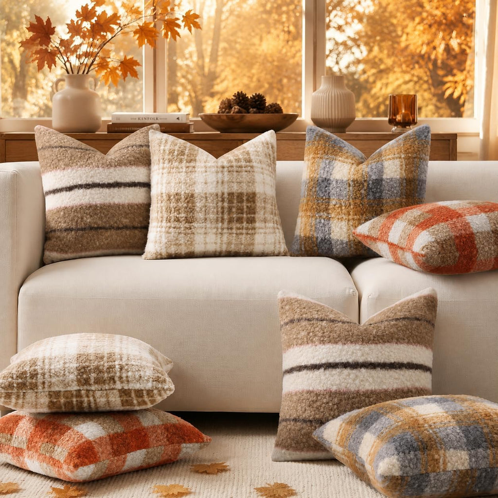 decorUhome Faux Fur Plaid Throw Pillow Covers 20X20 Set of 2 Khaki Brown