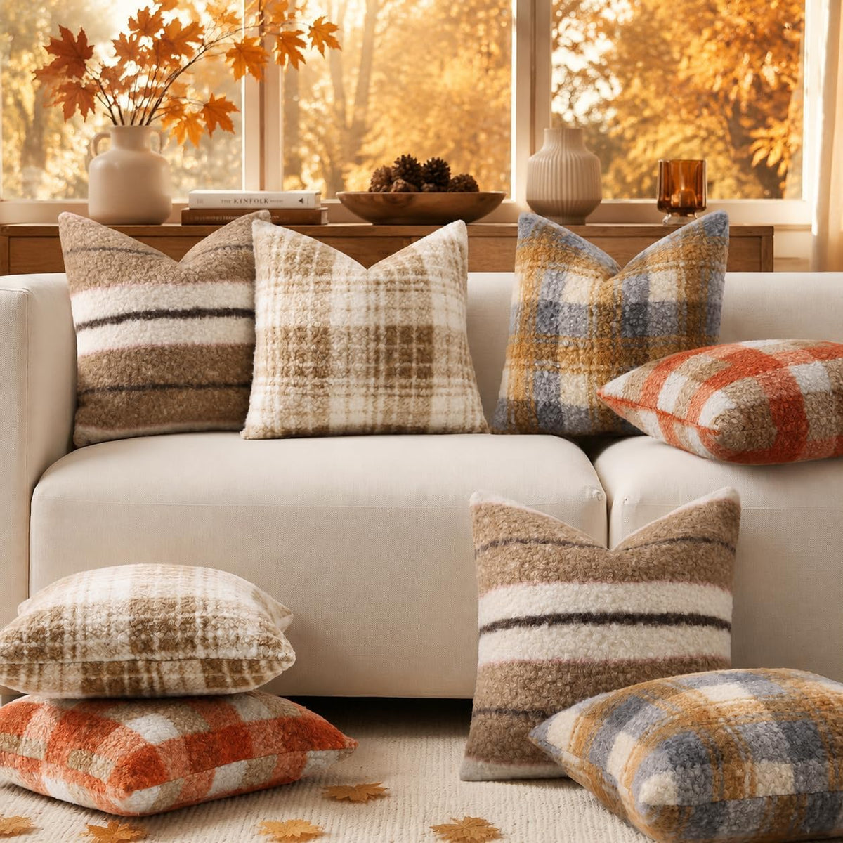 decorUhome Faux Fur Plaid Throw Pillow Covers 20X20 Set of 2 Khaki Brown