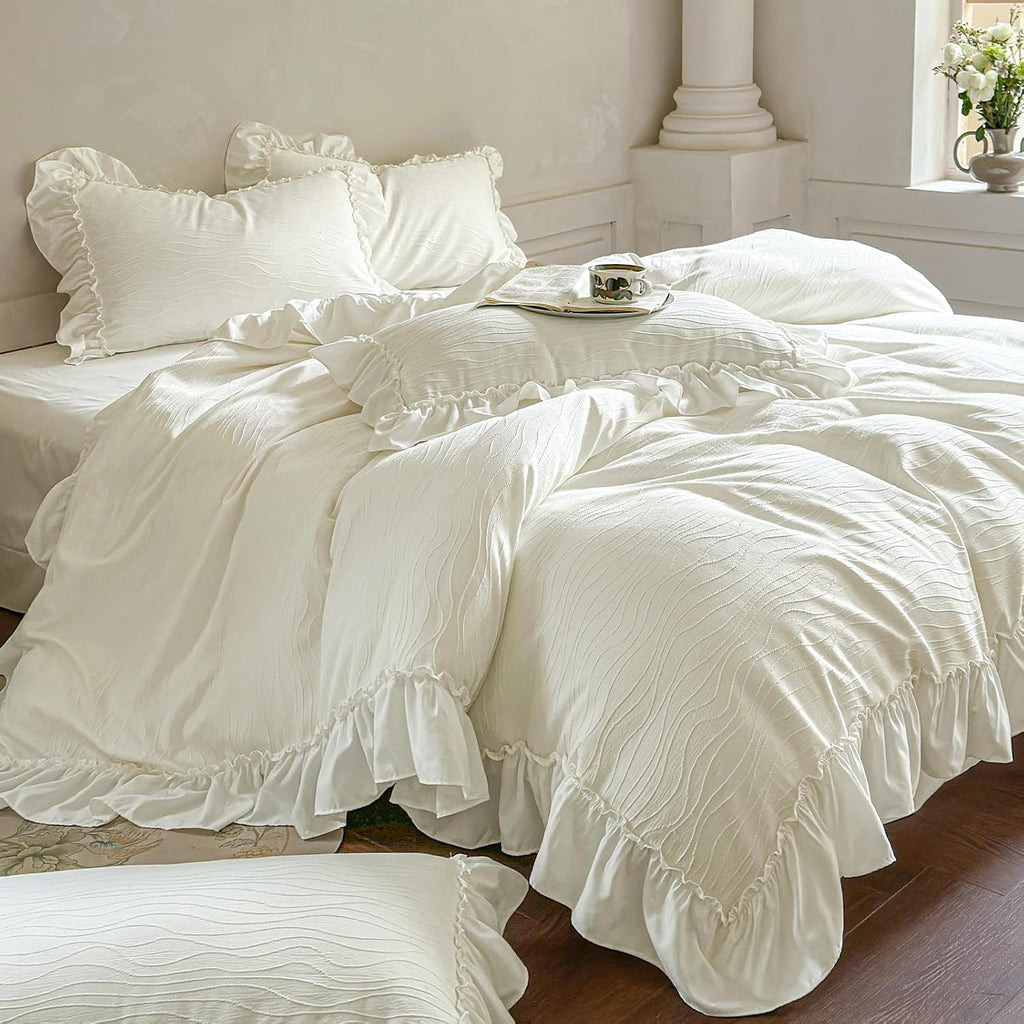 French Chic Ruffled Duvet Cover Queen Size Beige Wavy Jacquard Bedding Set 3 Pieces, Microfiber Zipper Comforter Cover and 2 Pillowcases Aesthetic Boho Girls Women Bedding Duvet Cover for All Seasons
