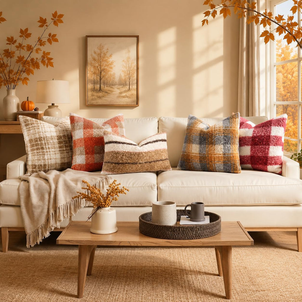 decorUhome Faux Fur Plaid Throw Pillow Covers 20X20 Set of 2 Khaki Brown