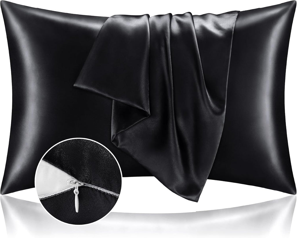 BEDELITE Zipper Satin Pillowcases, Standard Size 20"x26", Black, Set of 2