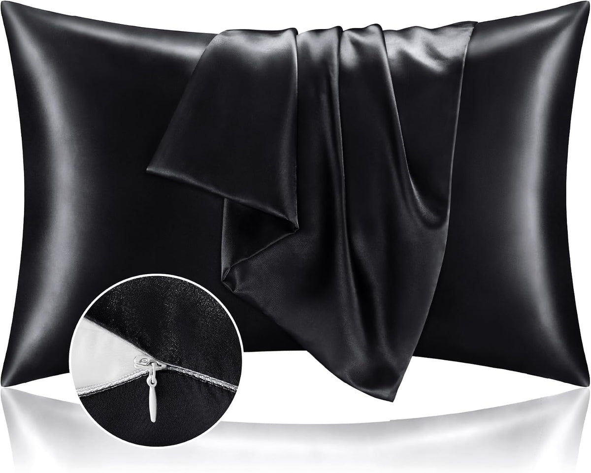 BEDELITE Zipper Satin Pillowcases, Standard Size 20"x26", Black, Set of 2