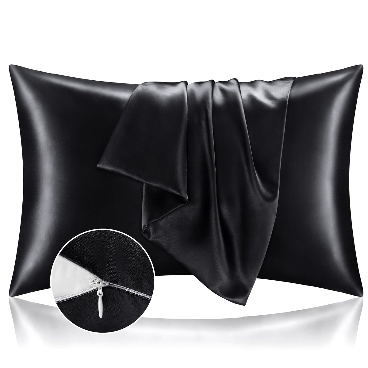 BEDELITE Zipper Satin Pillowcases, Standard Size 20"x26", Black, Set of 2