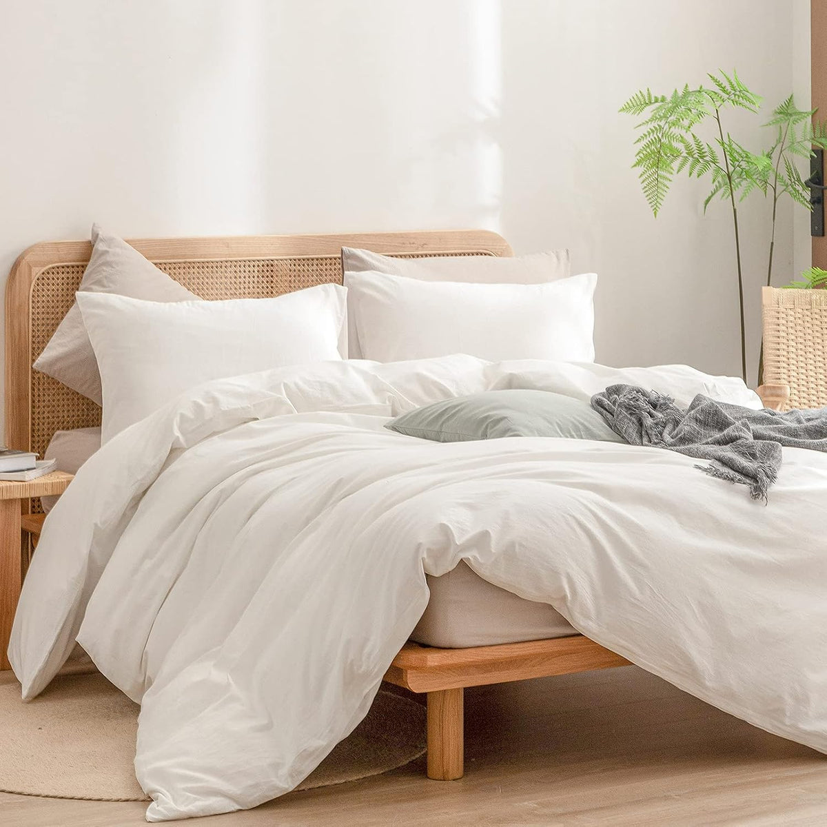 BESTOUCH Cotton Solid Duvet Cover Set Linen Feel Off White Queen
