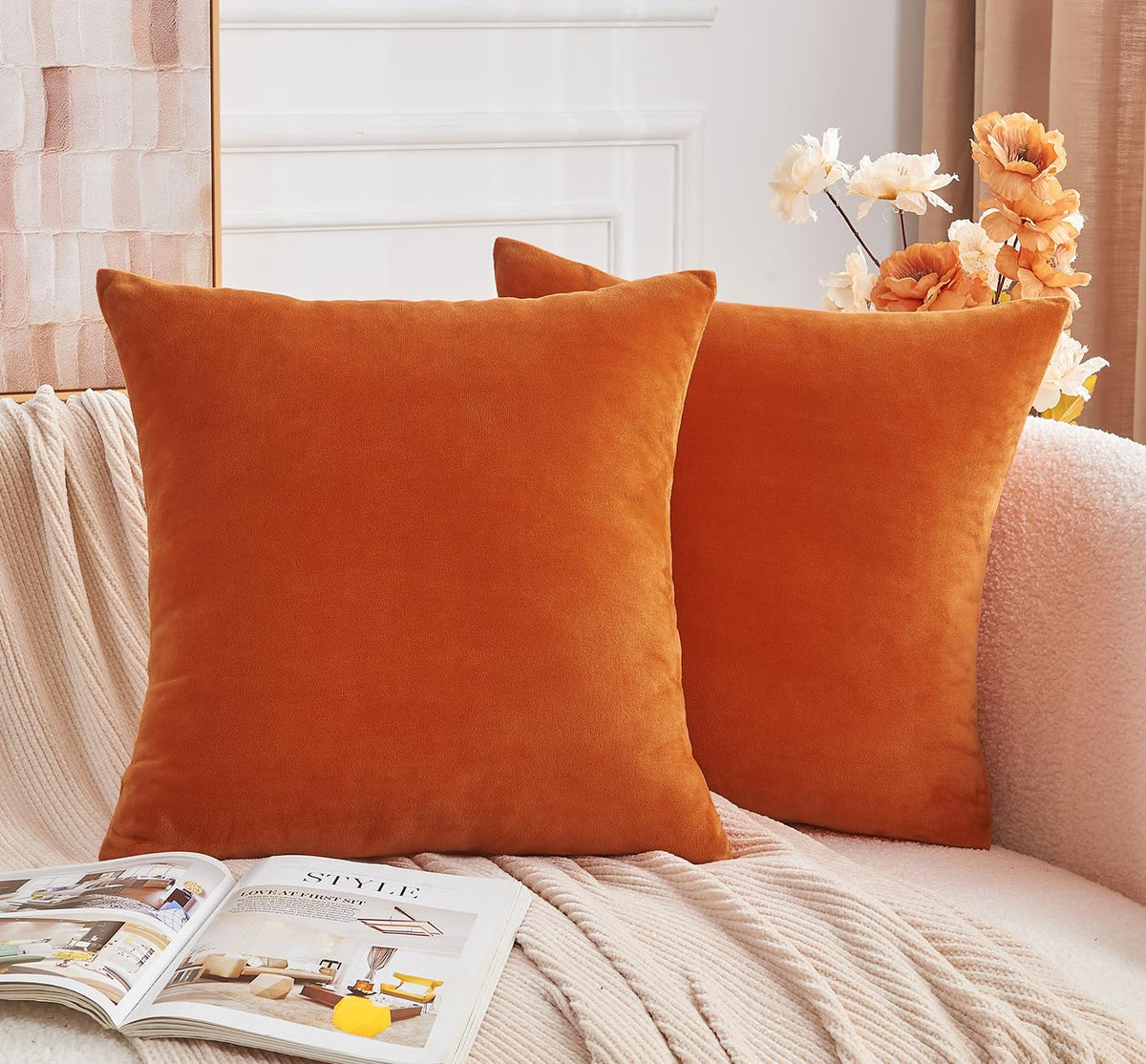 Throw Pillow Covers Mustard Yellow Set of 2 18x18 Inch Fall Pillow Covers, Soft Velvet Farmhouse Neutral Decorative Pillowcases for Couch Sofa Bed, Home Boho Decor, Modern Cushion Covers