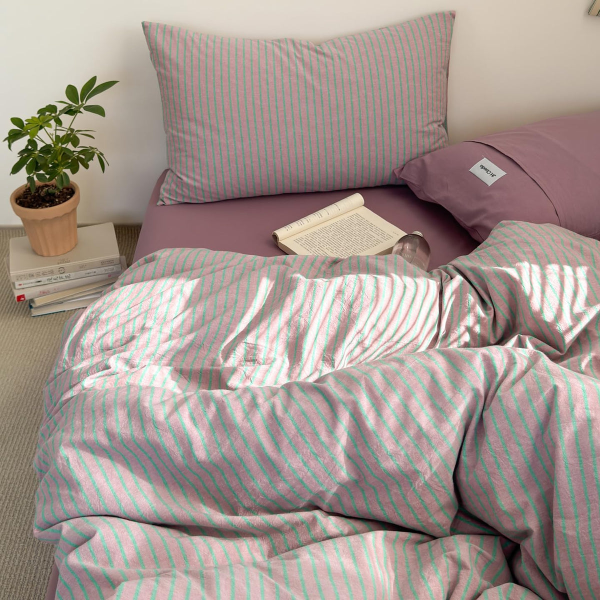 Plaid Duvet Cover Set Washed Cotton,Queen(90"x90"),Multicolor Gingham