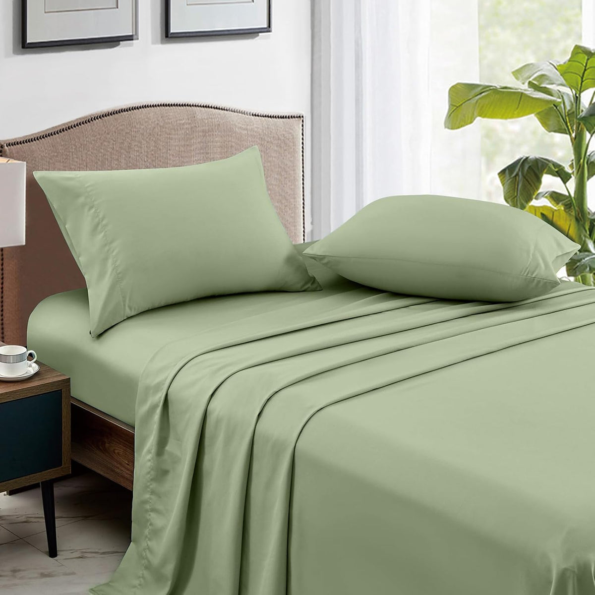 FreshCulture Sage Green Pillowcases Queen Size 2 Pack - Pillowcase Set - Envelope Closure - Soft Brushed Microfiber Fabric - 20x30 Inches Pillow Case Set of 2 for Home, Hotels, Schools