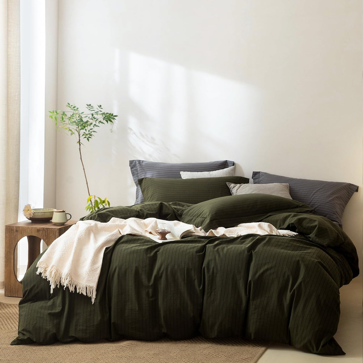 BDEAR 3Pcs Olive Green Duvet Cover Set Queen Size 90" L x 90" W,Oeko TEX