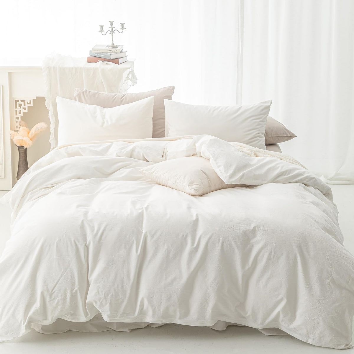 FOSSA Duvet Cover Set 100% Washed Cotton Linen Feel Queen