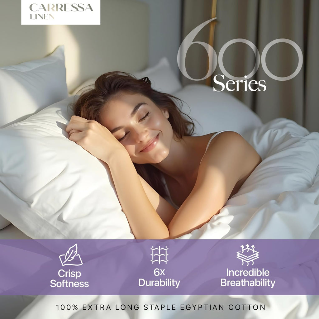 Carressa Linen King Duvet Cover - 100% Egyptian Cotton 600 Series King Size Cotton Duvet Cover (3 PC, White), Soft Cooling, Sateen Weave Comforter Protector, Hidden Zipper Closure & 7 Corner Ties