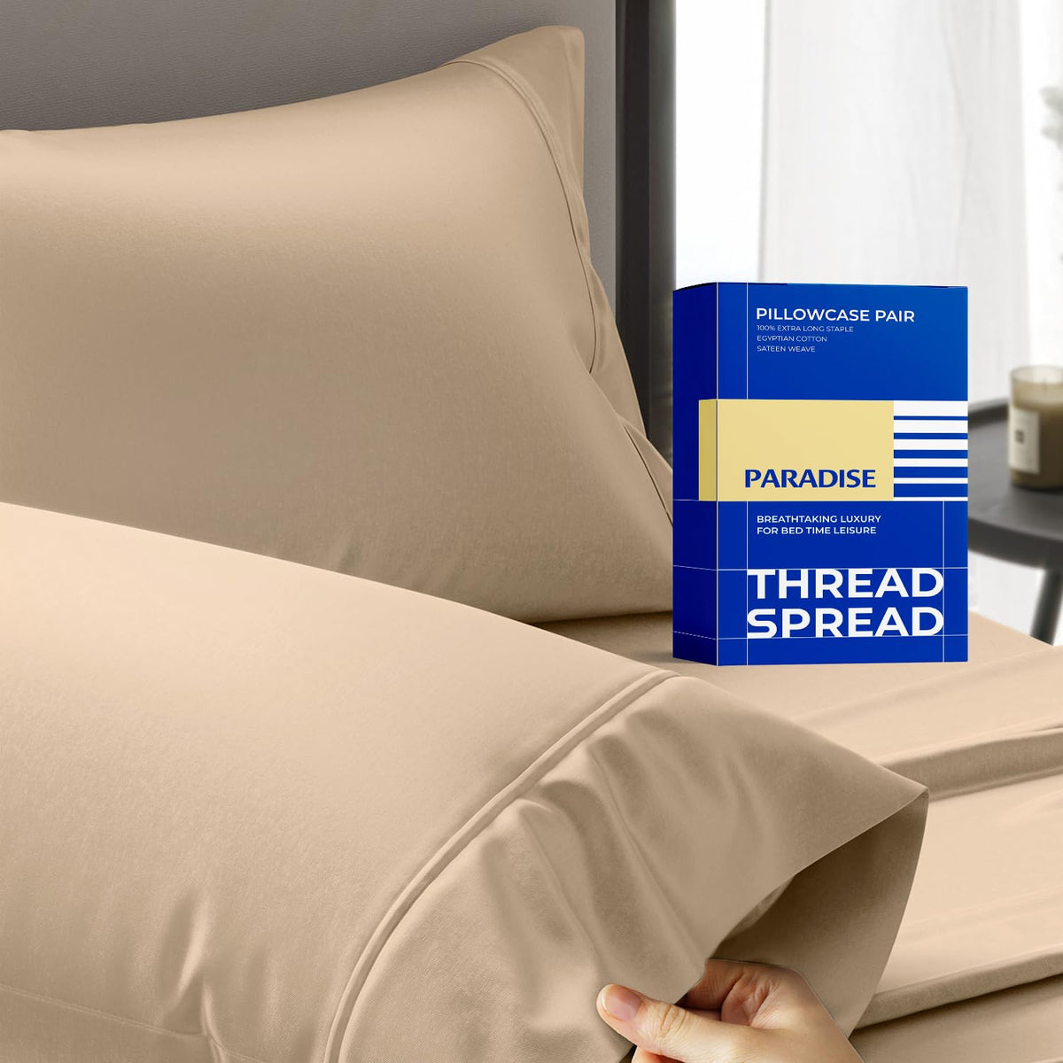 Thread Spread 100% Egyptian Cotton Pillow Cases Queen Size Set of 2 - Luxury 1000 Series Paradise Collection Queen Pillow Cases (White), Soft Cooling Sateen Hotel Egyptian Cotton Pillowcases