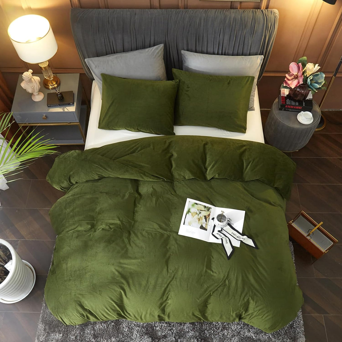 Ivellow Velvet Duvet Cover Queen Set, 3 Pcs Olive Green, Zipper Corner Ties