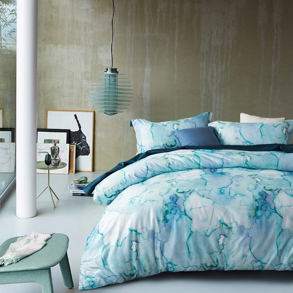 MILDLY White Floral Green Leaves Luxury Duvet Cover Set 3pcs Queen