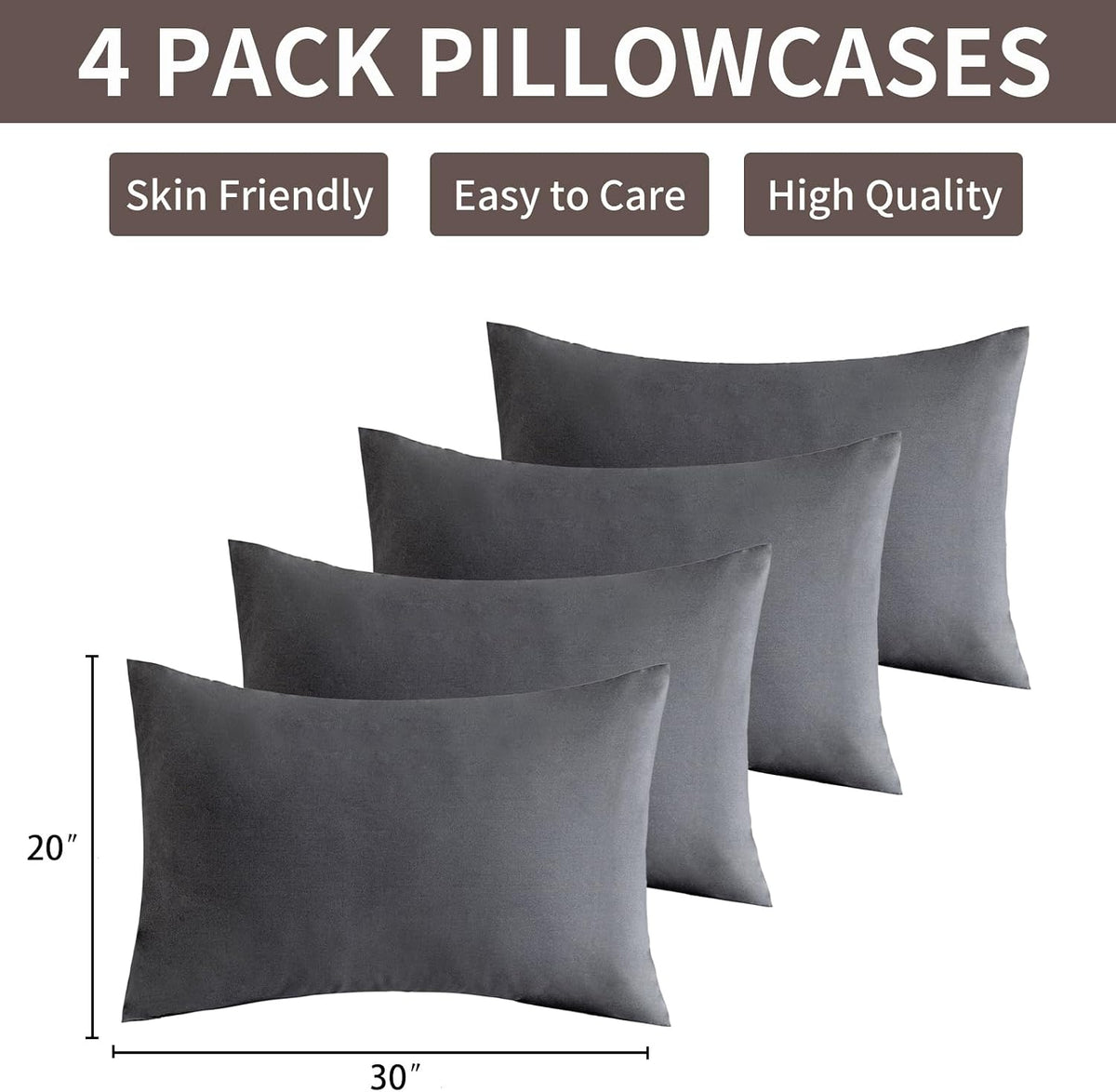 MINIPANDA Dark Grey Pillow Cases Set of 4 Queen Size, Envelope Design