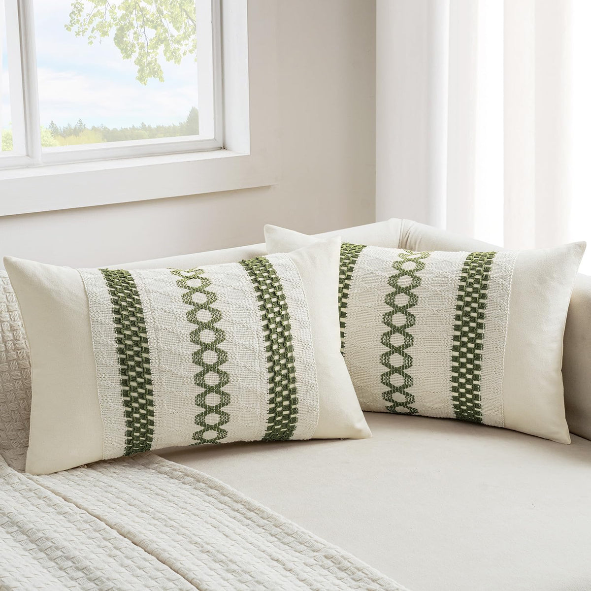 MIULEE Set of 2 Sage Green Boho Decorative Lumbar Pillow Covers 12x20 Inch