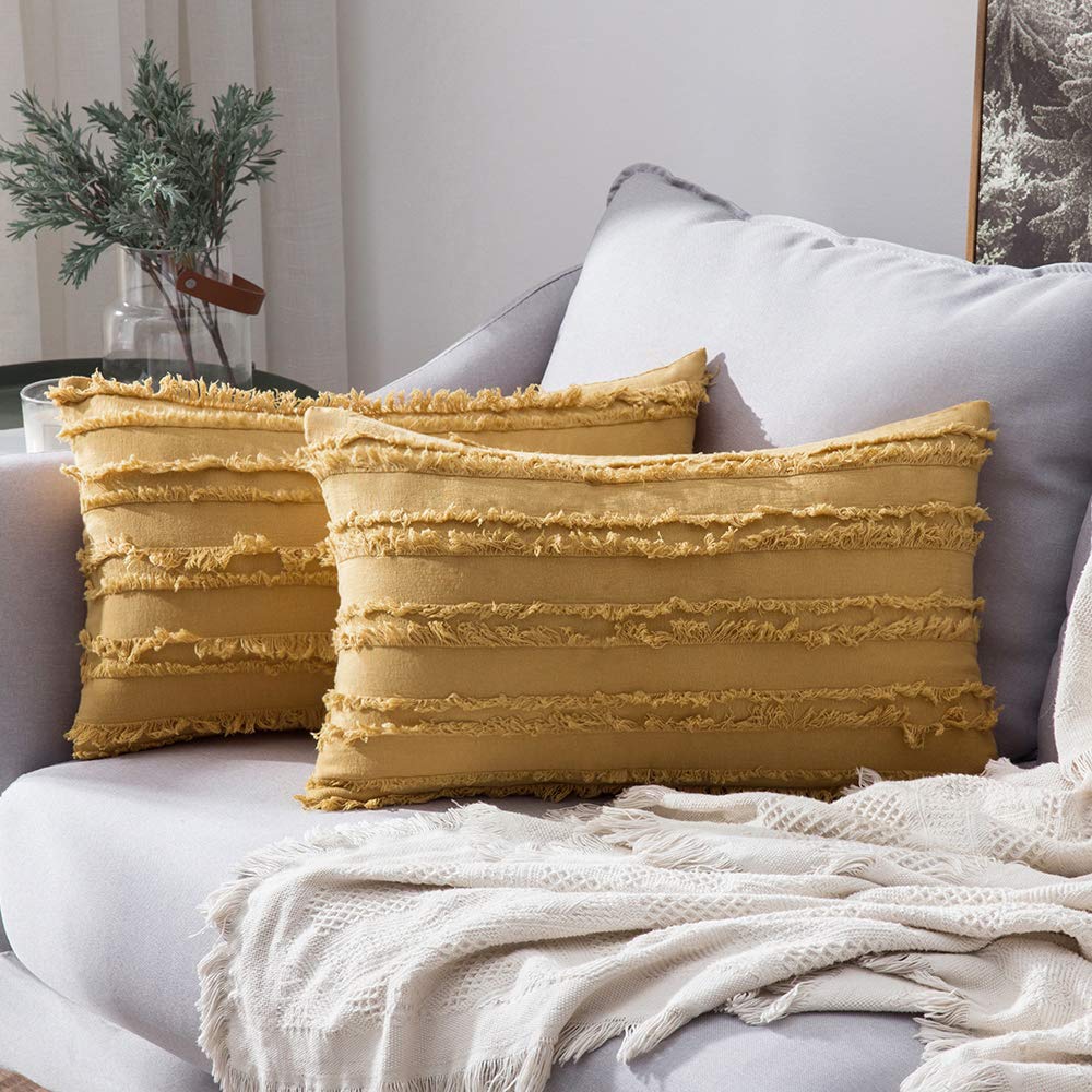 MIULEE Boho Linen Striped Throw Pillow Covers 18x18, Neutral Beige