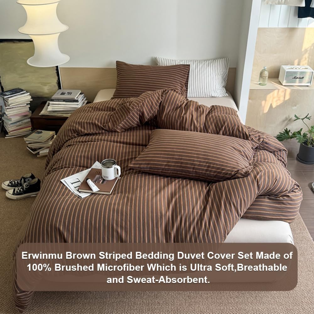 Duvet Cover Set Queen Size Brown Striped Bedding Set for Girls Boys