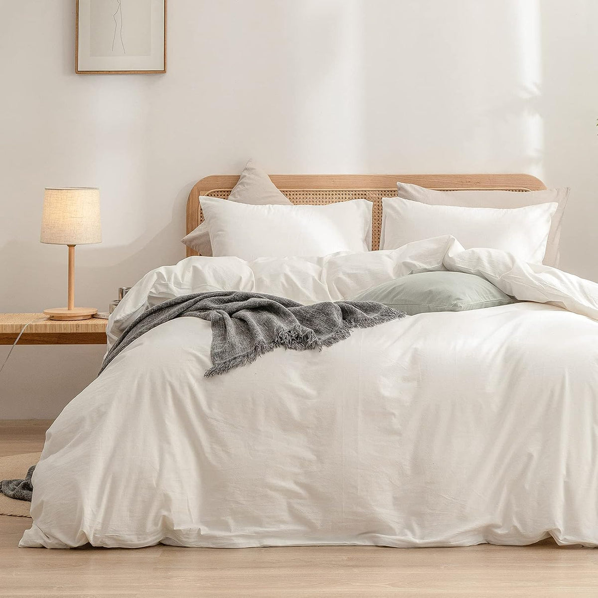 BESTOUCH Cotton Solid Duvet Cover Set Linen Feel Off White Queen