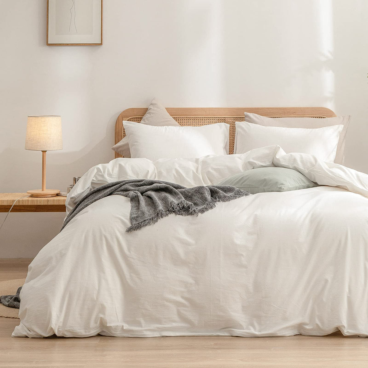 BESTOUCH Cotton Solid Duvet Cover Set Linen Feel Off White Queen
