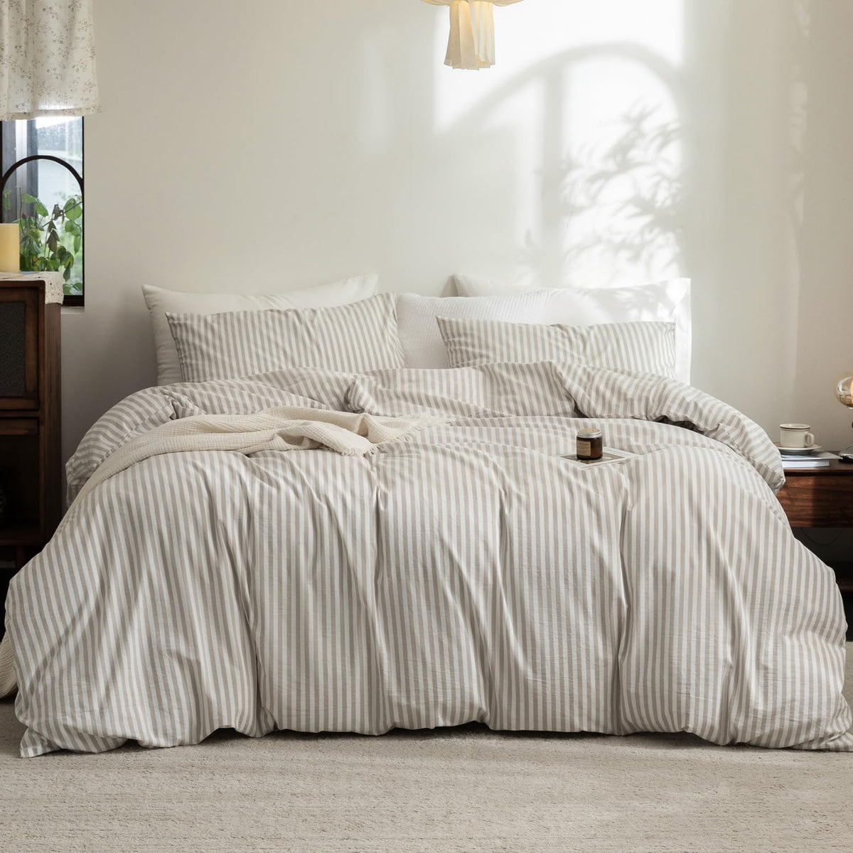 FOSSA Duvet Cover Set 100% Washed Cotton Linen Feel Queen