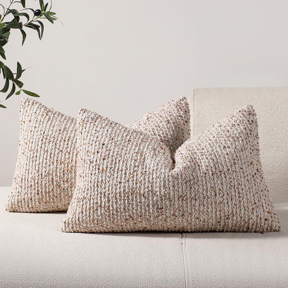 DEZENE Striped Throw Pillow Covers 18x18 Set of 2 Beige Textured Boucle Chic Morden Boho Accent Farmhouse Square Decorative Couch Pillow Covers for Home Decor Bed Sofa Living Room