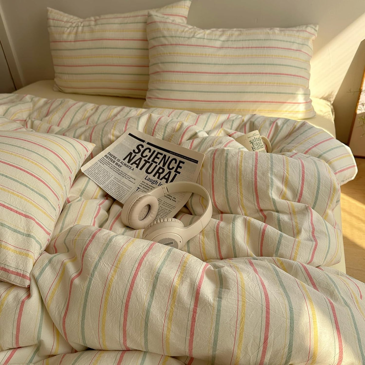 EAVD Retro Striped Duvet Cover Queen Soft 100% Washed Cotton Green Purple