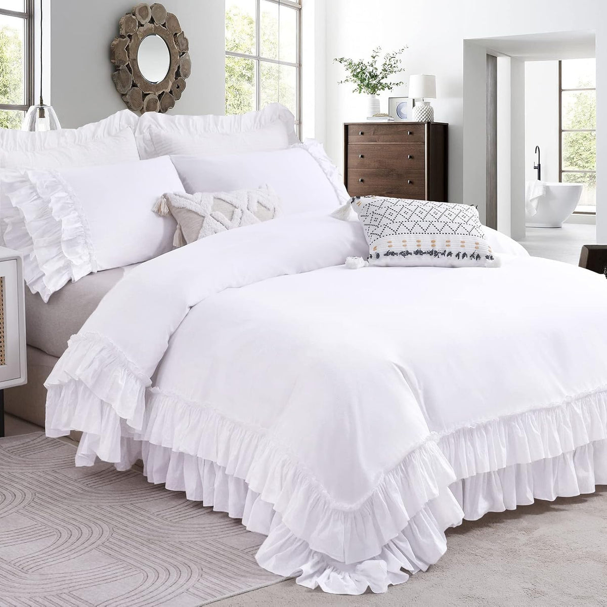 QSH Washed Cotton Duvet Cover King Ruffle Duvet Cover Linen Textured Farmhouse Shabby Vintage Chic Bedding Comforter Cover 3 PCs Aesthetic French Country Vintage King Bedding