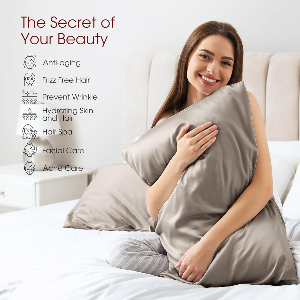 100% Silk Pillow Cases 2 Pack Queen Size Mulberry Silk Pillowcase for Hair and Skin Set of 2 Highest Grade 6A Silk Soft Breathable Cooling with Hidden Zipper, Grey