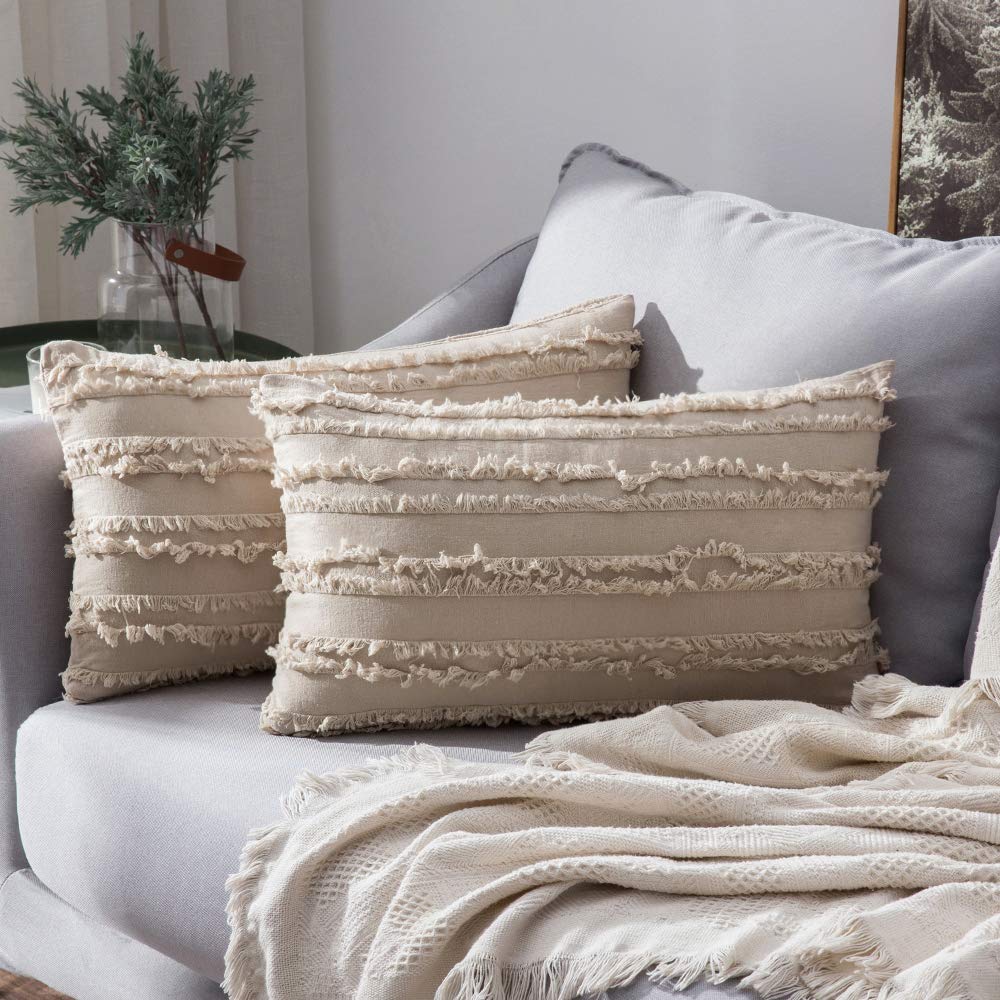 MIULEE Boho Linen Striped Throw Pillow Covers 18x18, Neutral Beige
