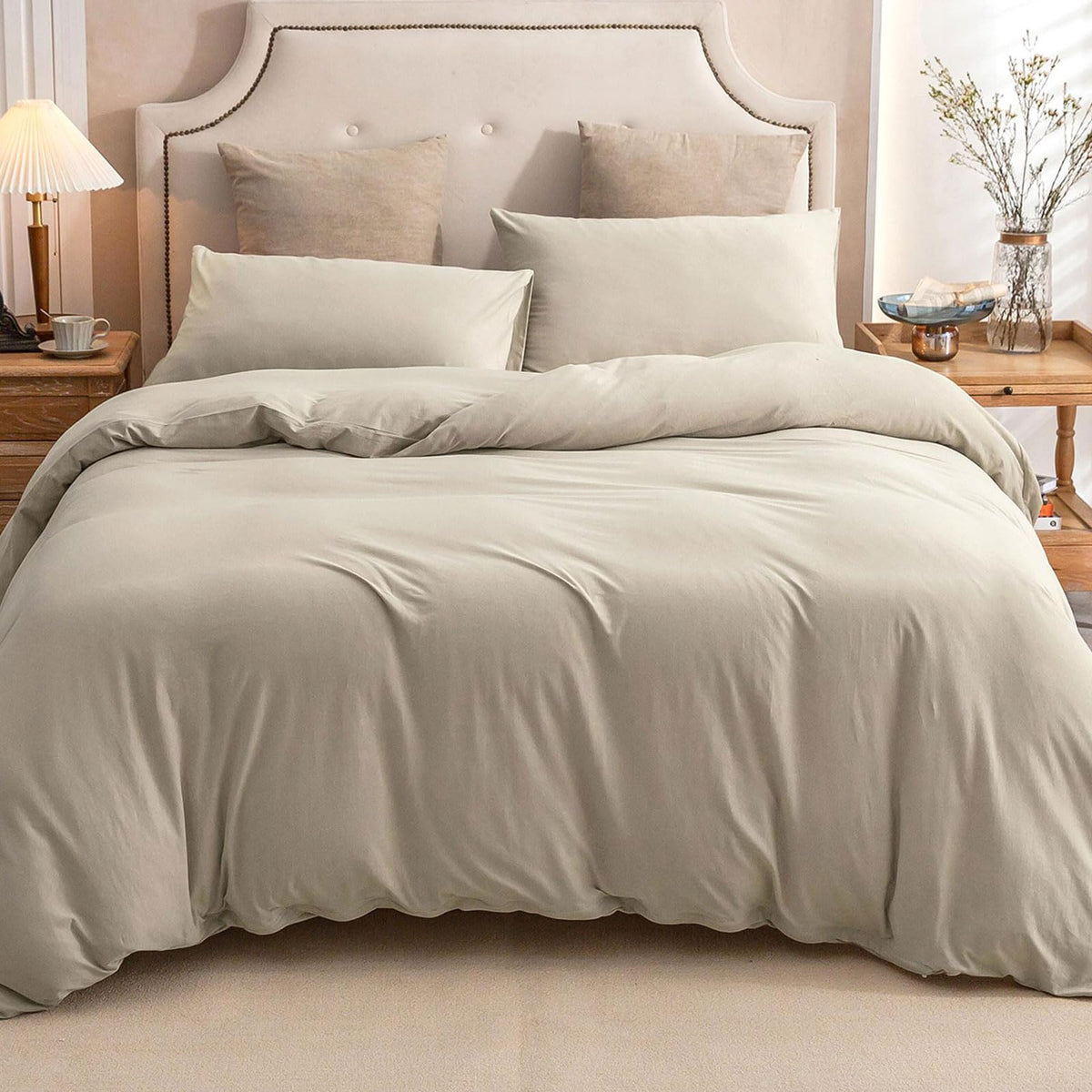 PURE ERA Jersey Knit Duvet Cover Set 100% T-Shirt Cotton Super Soft Comfy 3pc Bedding Set with Zipper Closure (Heather Beige, Queen)