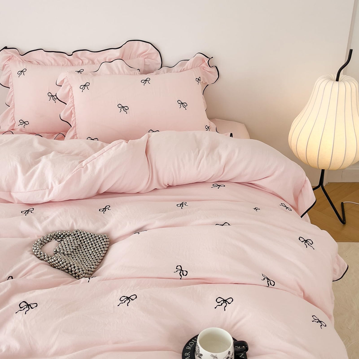 French Chic Ruffled Duvet Cover Queen Size Beige Wavy Jacquard Bedding Set 3 Pieces, Microfiber Zipper Comforter Cover and 2 Pillowcases Aesthetic Boho Girls Women Bedding Duvet Cover for All Seasons
