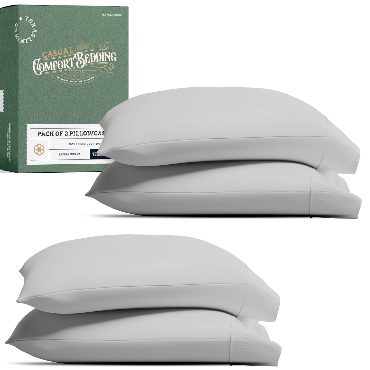 TEXAS LINEN CO. 100% Organic Cotton Percale Pillow Cases Standard/Queen Size Set of 2 - Percale Pillowcases Standard/Queen, Soft Cooling Pillow Cases for Sleeping, Cotton Pillow Covers - White