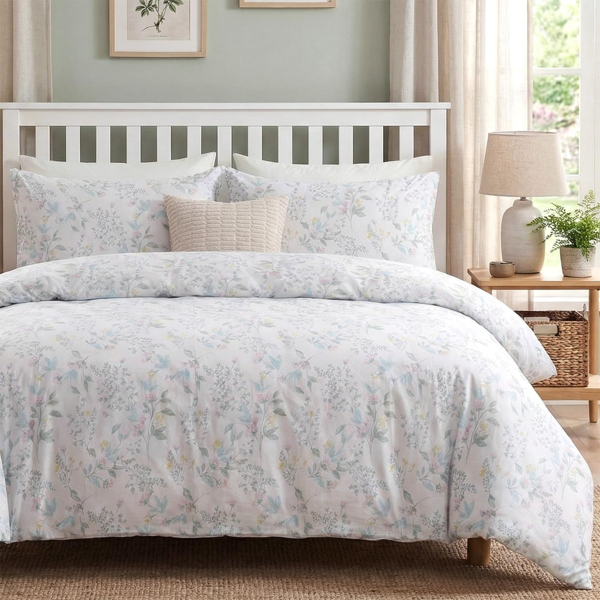 Duvet Cover Queen Size - 100% Cotton Reversible Floral Queen Duvet Cover Set with Zipper Closure, 3 Pieces Soft & Breathable Green Bedding Set for All Seasons
