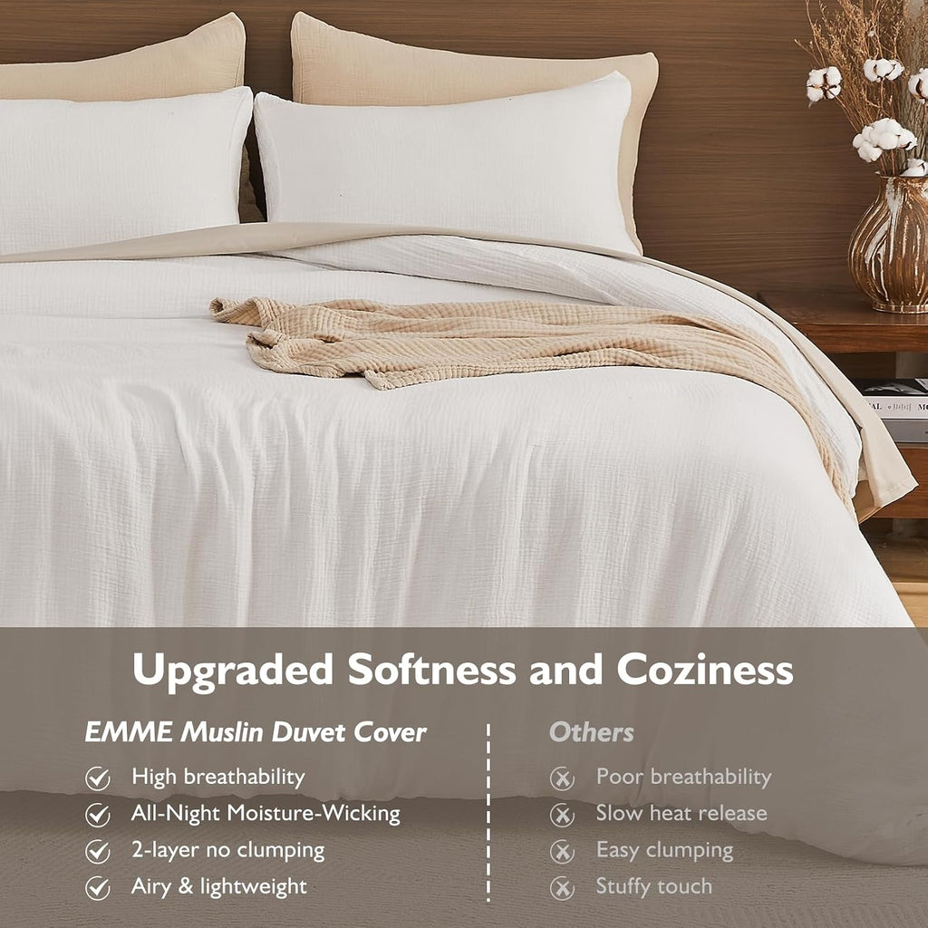 EMME Muslin Cotton Duvet Cover Set Linen Like Cream White Queen