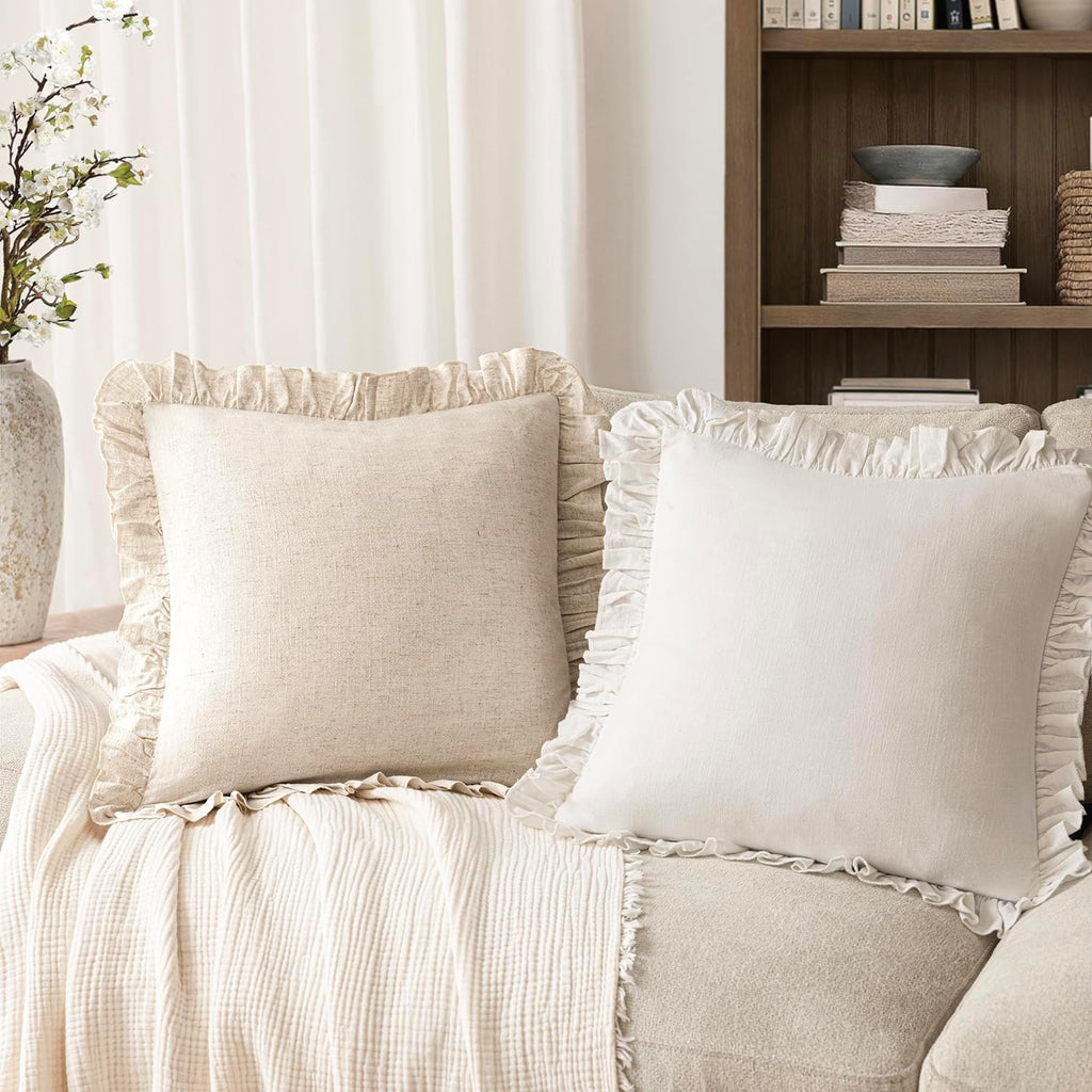 Foindtower Set of 2 Decorative Soild Fringe Ruffle Throw Pillow Covers Soft Boho Farmhouse Cushion Cover Cozy Accent Retro Pillowcase for Couch Sofa Bed Living Room Home Decor,18×18 Inch,Natural Beige