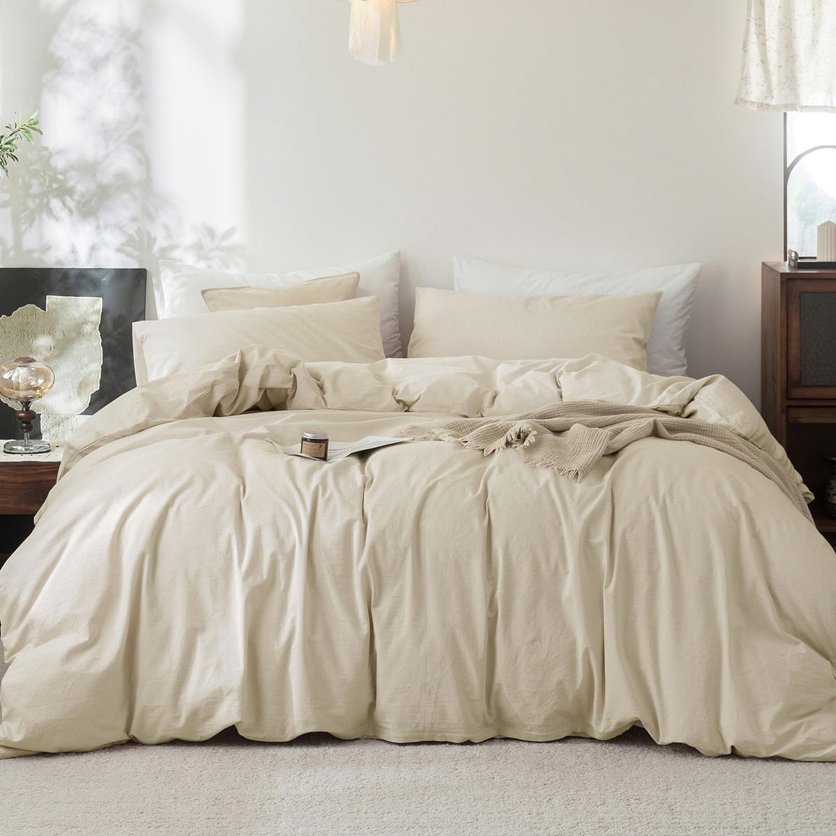 FOSSA Duvet Cover Set 100% Washed Cotton Linen Feel Queen