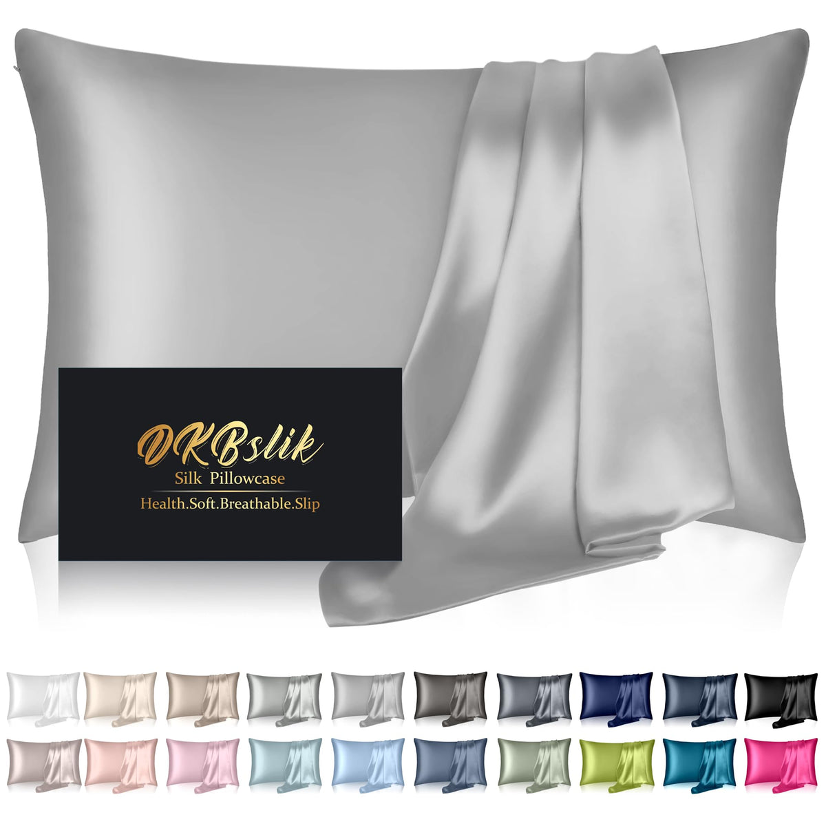 Silk Pillowcase for Hair and Skin, Mulberry Silk Pillow Cases Standard Size, Anti Acne Cooling Sleep Both Sides Natural Silk Satin Pillow Covers with Hidden Zipper, Gifts for Women Men, Ash Blue