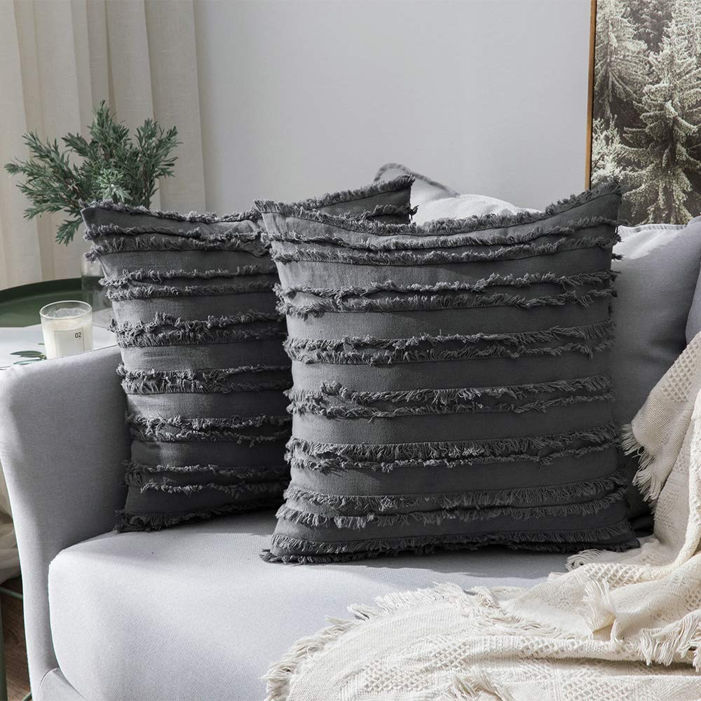 MIULEE Boho Linen Striped Throw Pillow Covers 18x18, Neutral Beige