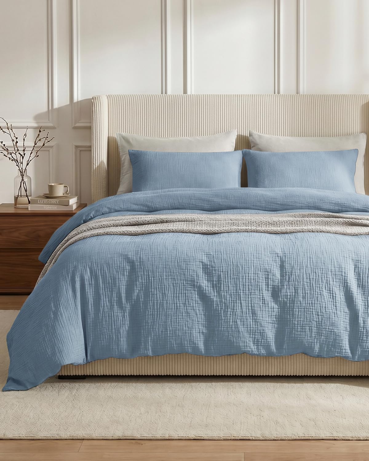 SE SOFTEXLY Muslin Duvet Cover Queen Size, 100% Washed Cotton Duvet Cover Set, Ultra Soft Comforter Cover Linen Like, 3 Pieces Minimalist Gauze Duvet Cover with 2 Pillowcases, 90"x90", White