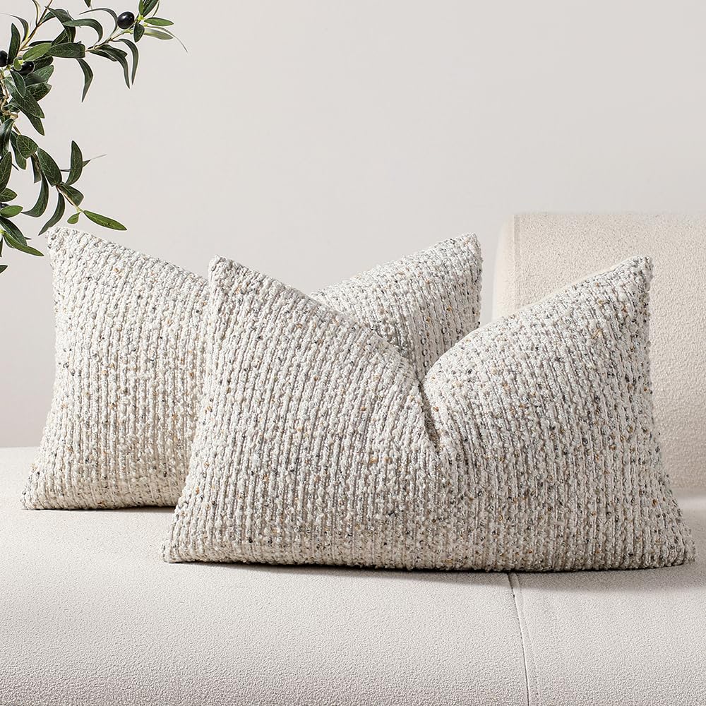 DEZENE Striped Throw Pillow Covers 18x18 Set of 2 Beige Textured Boucle Chic Morden Boho Accent Farmhouse Square Decorative Couch Pillow Covers for Home Decor Bed Sofa Living Room