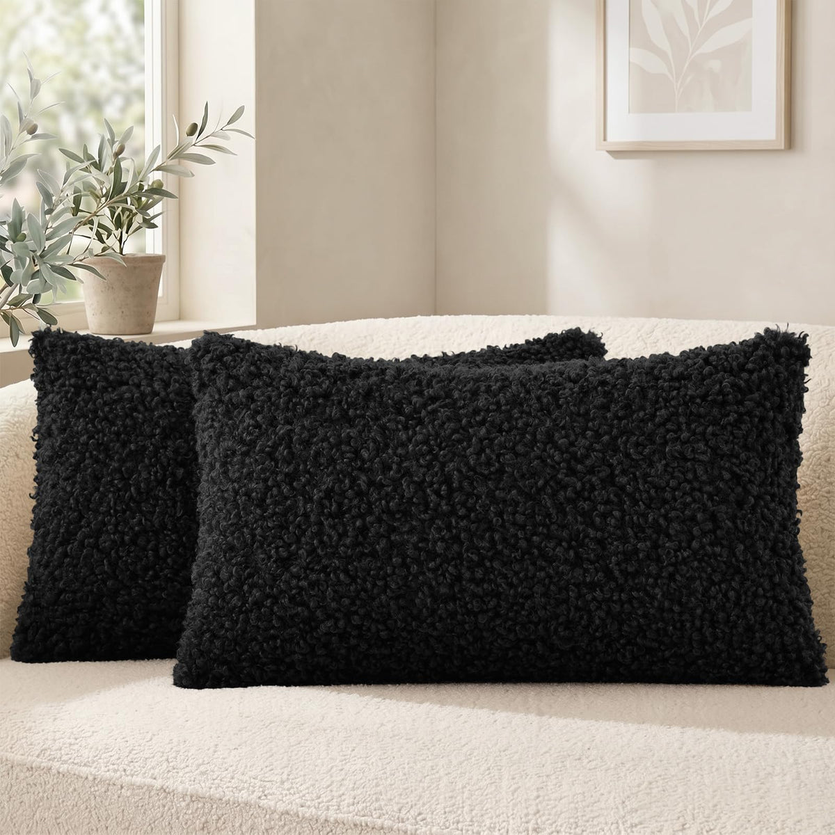 decorUhome Sherpa Throw Pillow Covers 18x18 Set of 2 Neutral Cream