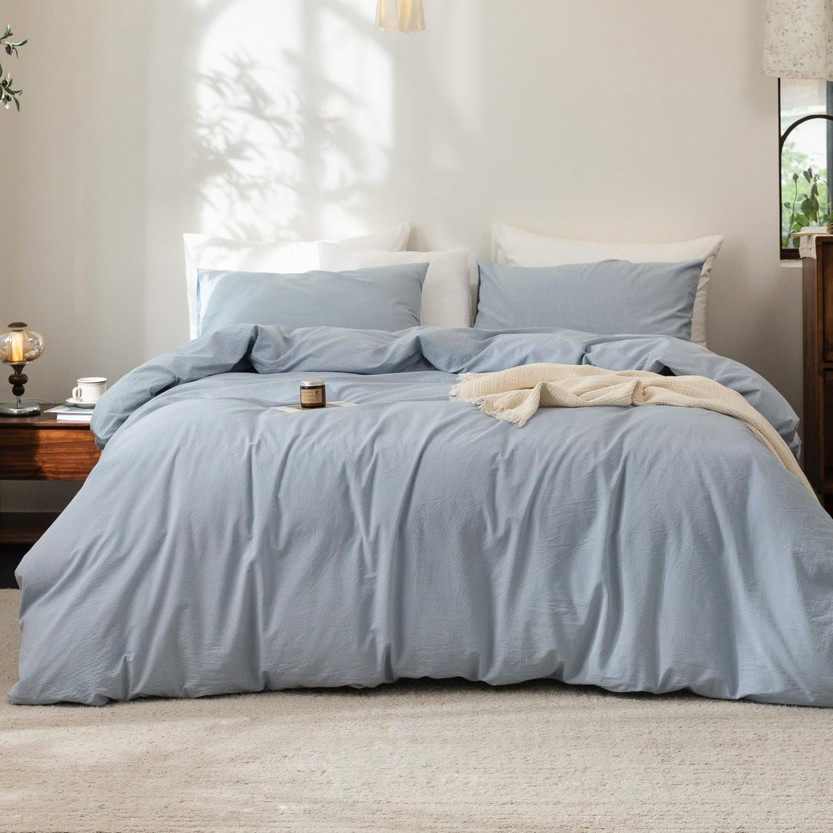 FOSSA Duvet Cover Set 100% Washed Cotton Linen Feel Queen