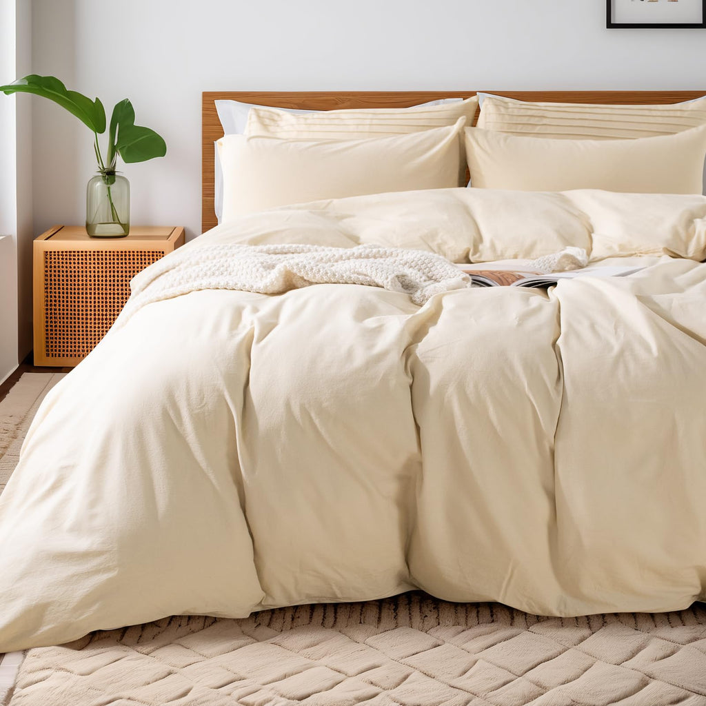 NEXHOME PRO Duvet Cover Set Queen Size Linen Look Textured 100% Washed Cotton Duvet Cover Burgundy Dark Red 3 Pieces Bedding Set with Zipper Closure,Breathable, Soft Organic Natural(No Comforter)