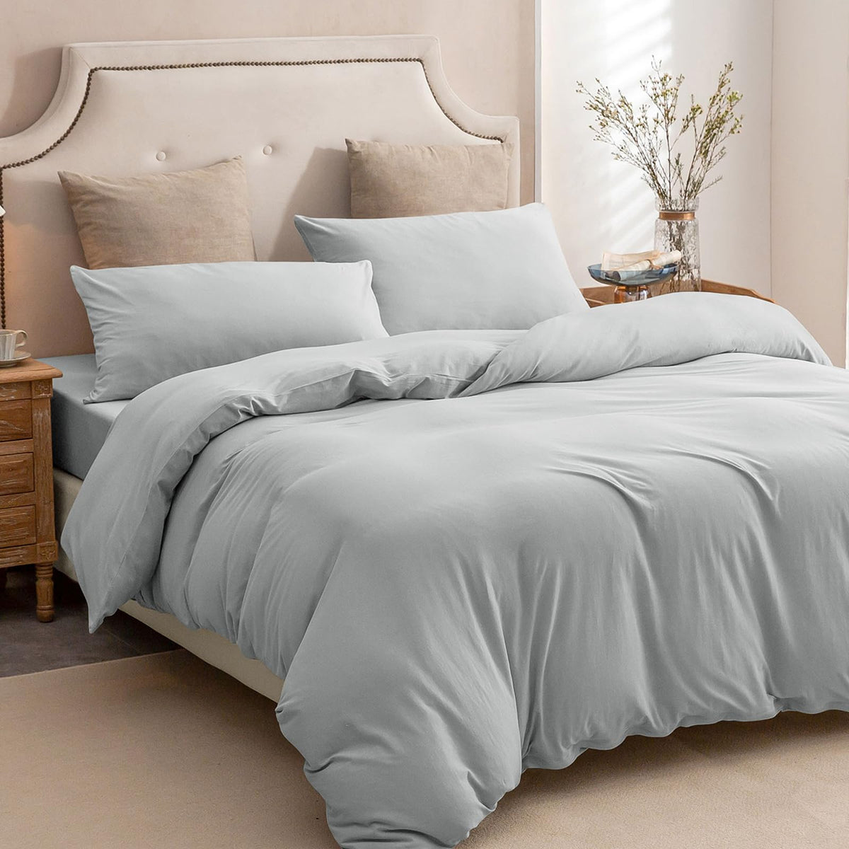 PURE ERA Jersey Knit Duvet Cover Set 100% T-Shirt Cotton Super Soft Comfy 3pc Bedding Set with Zipper Closure (Heather Beige, Queen)