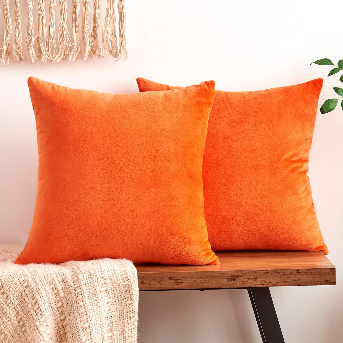Throw Pillow Covers Mustard Yellow Set of 2 18x18 Inch Fall Pillow Covers, Soft Velvet Farmhouse Neutral Decorative Pillowcases for Couch Sofa Bed, Home Boho Decor, Modern Cushion Covers