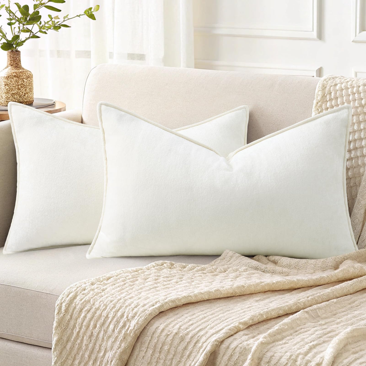 decorUhome Chenille Beige Velvet Throw Pillow Covers 20x20 Set of 2