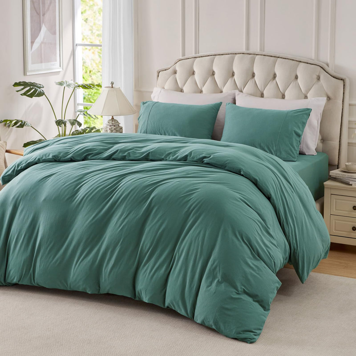 PURE ERA Jersey Knit Duvet Cover Set 100% T-Shirt Cotton Super Soft Comfy 3pc Bedding Set with Zipper Closure (Heather Beige, Queen)