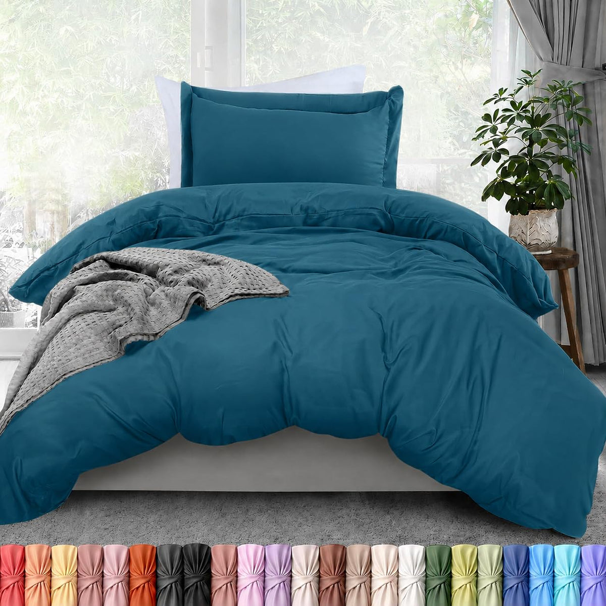 Duvet Cover Queen, 3 Piece Cotton Like Polyester with Zipper Closure, Grey